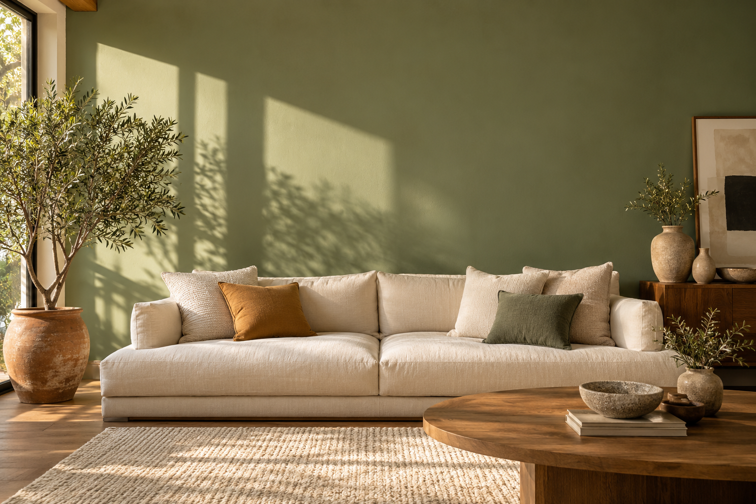 Sala de inspiración con muro verde salvia, sofá de lino y luz natural
